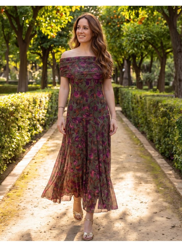 Robe midi en floral vert militaire avec...