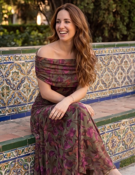 Robe midi en floral vert militaire avec encolure bardot et jupe fluide