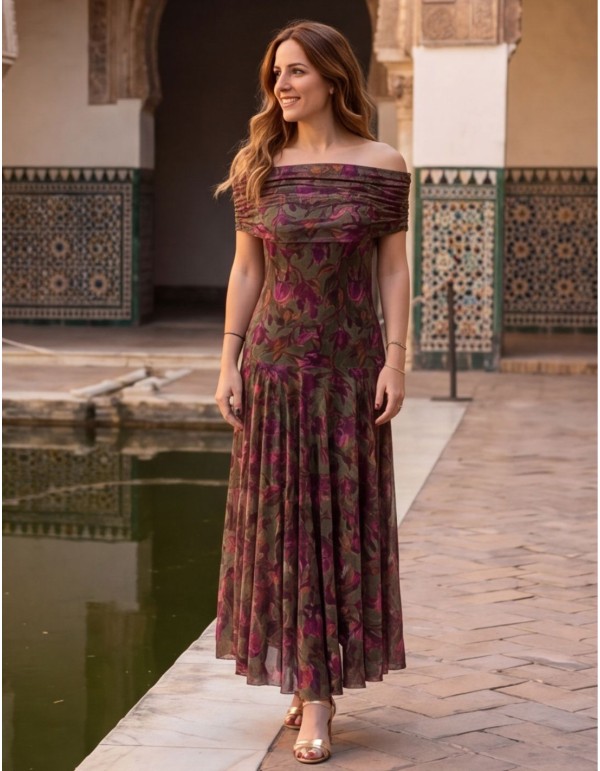 Robe midi en floral vert militaire avec encolure bardot...