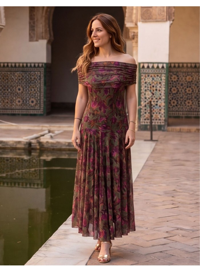 Midi dress green military floral dress with...