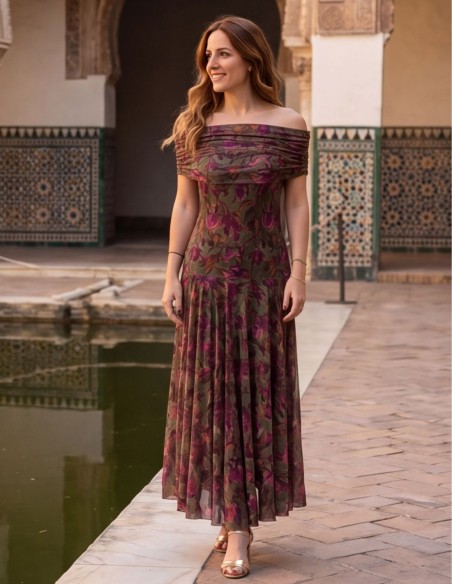 Robe midi en floral vert militaire avec encolure bardot et jupe fluide