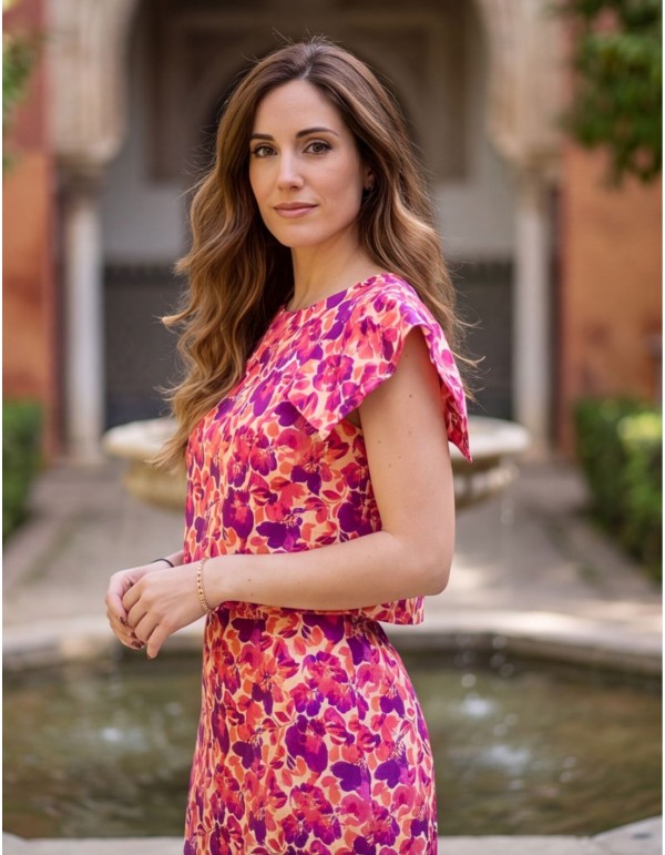 Set in pink and purple tones with structured top and midi... 2