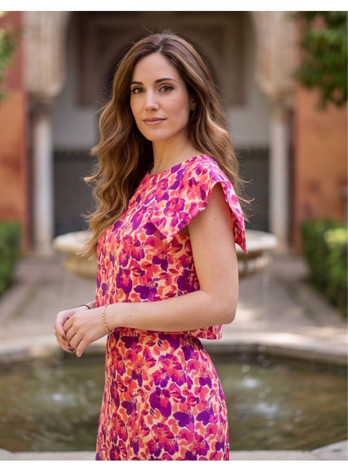 Set in pink and purple tones with structured...
