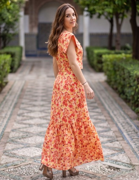 Ensemble deux pièces avec imprimé floral dans les tons orange