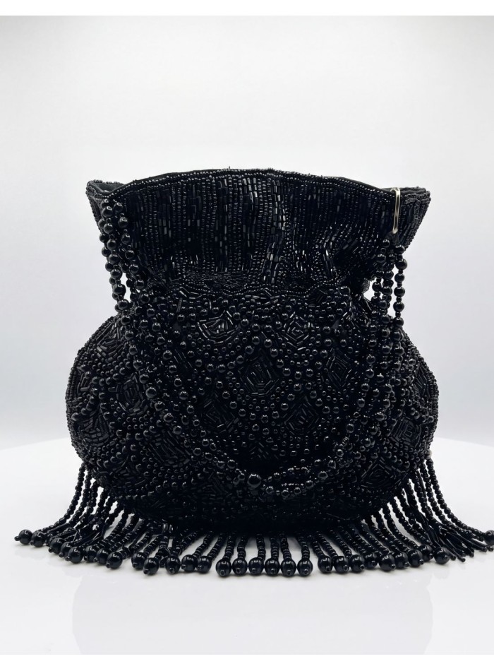 Black beaded and fringed bowler handbag for guests