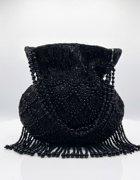 Black beaded and fringed bowler handbag for guests