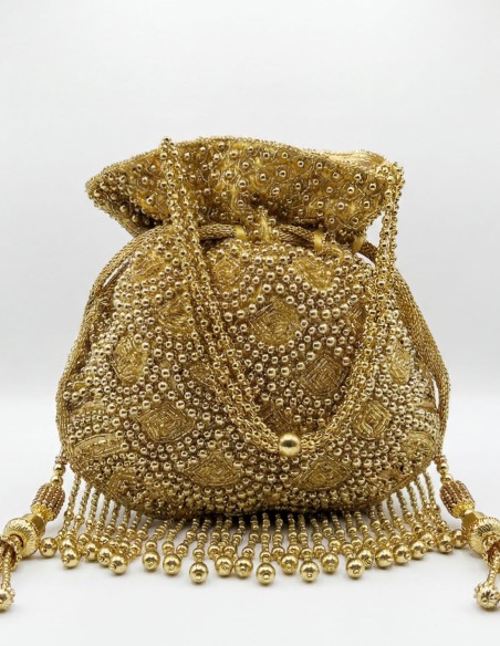 Sac bowler à perles et à franges de couleur or pour les invités