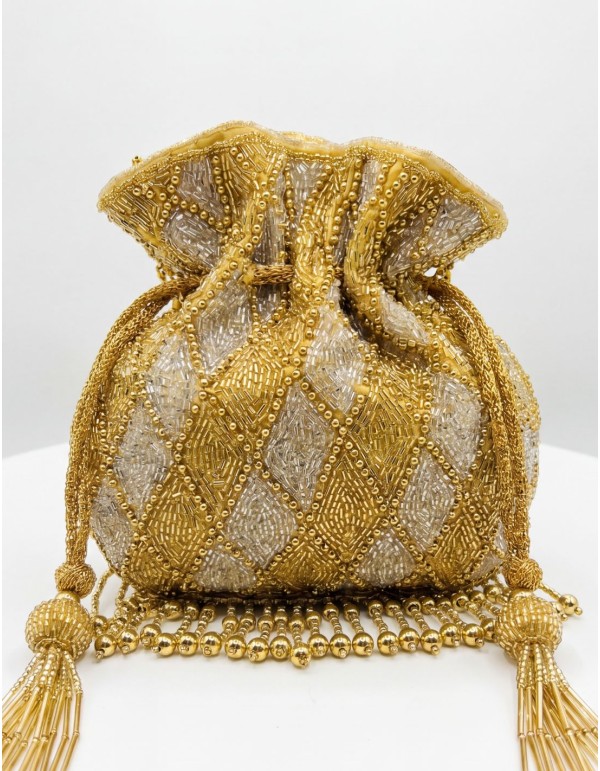 Gold and silver beaded and fringed bowler handbag for guests