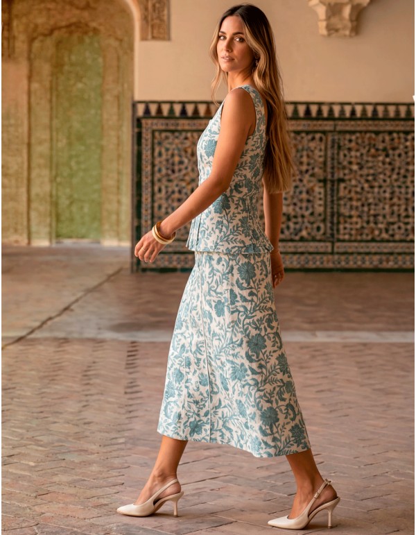 Floral print blue guest ensemble with midi skirt 2
