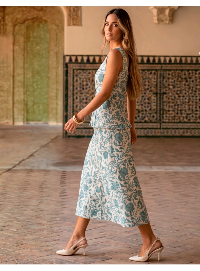 Floral print blue guest ensemble with midi skirt
