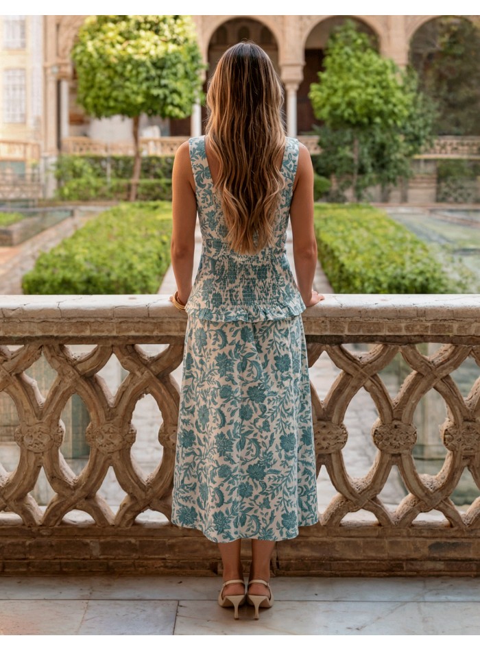 Tenue d'invité bleu à imprimé floral avec jupe...