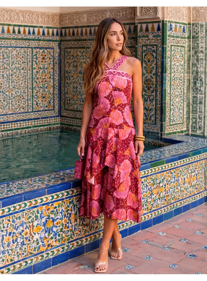Robe midi dos nu imprimée en rose, marron et orange avec volants