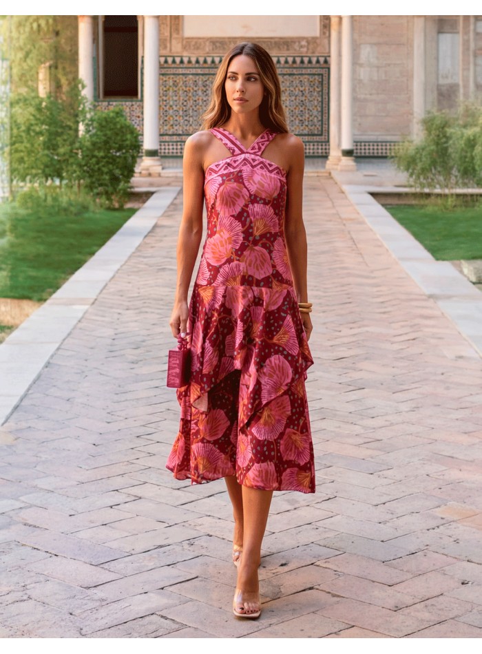 Vestido midi estampado con escote halter y volante para invitadas