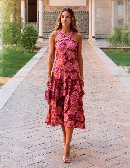 Robe midi imprimée avec encolure dos nu et volants pour les invitées
