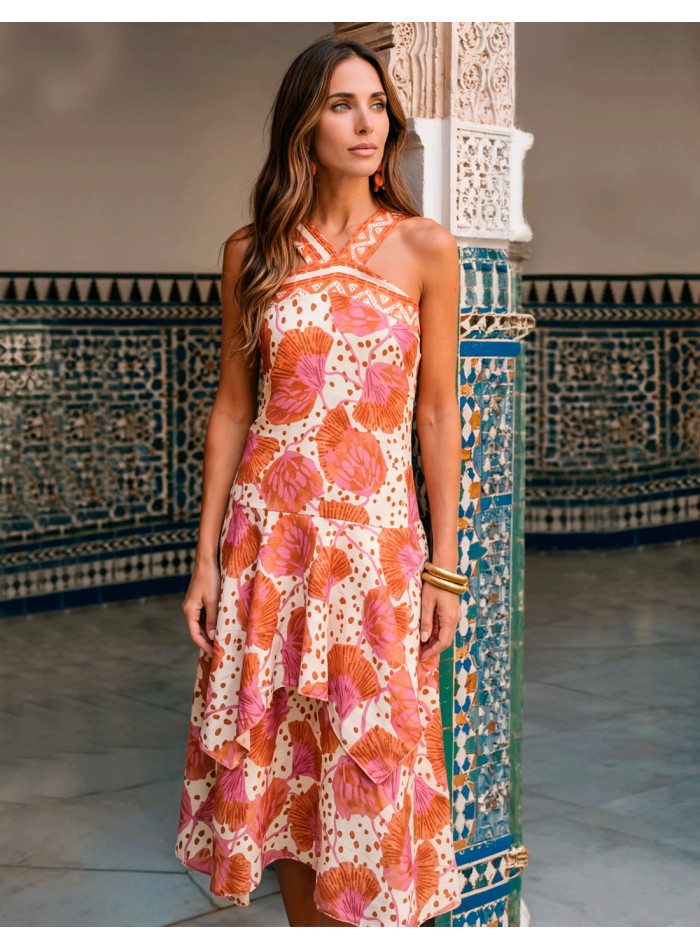 Robe midi dos nu beige avec imprimé orange et...