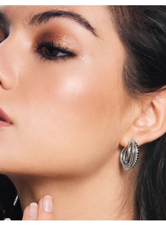 Triple silver earrings with black cubic zirconia