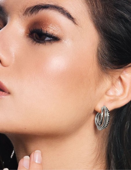 Triple silver earrings with black cubic zirconia