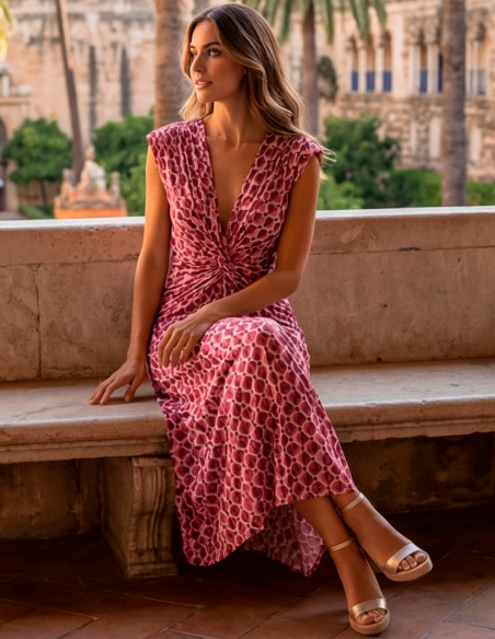 Pink printed midi dress with V-neckline and front ruching