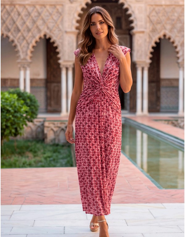 Pink printed midi dress with V-neckline and front ruching 2