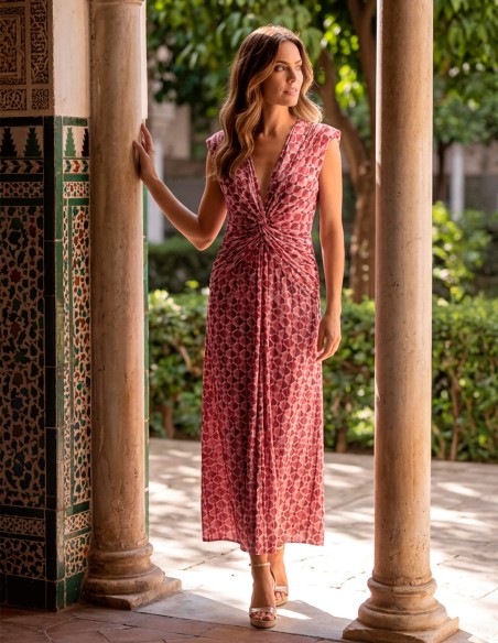 Printed midi dress with plunging neckline and ruched detail for guests