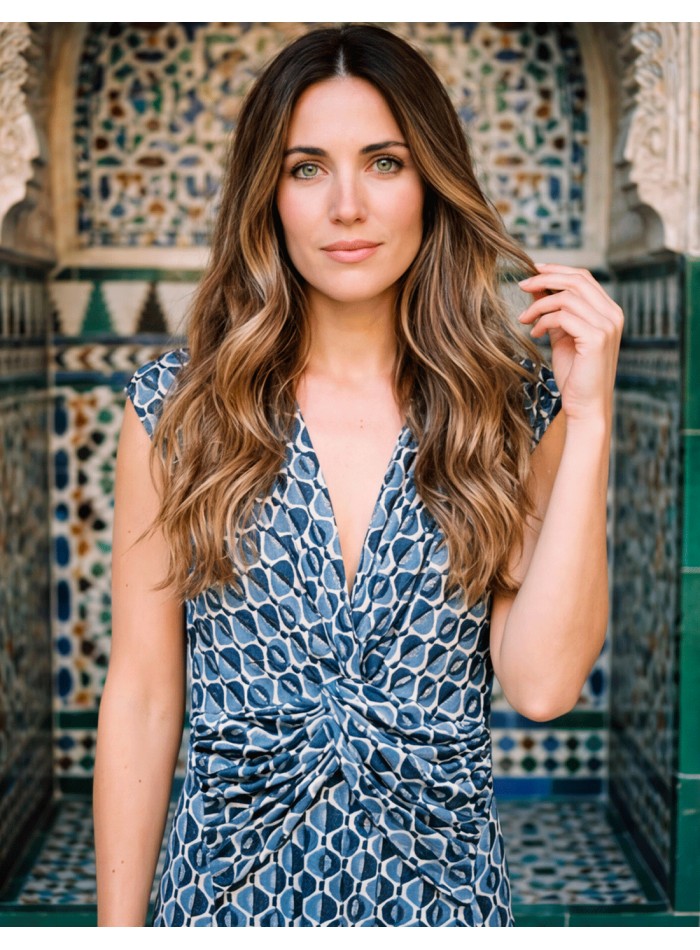 Robe midi imprimée bleue avec décolleté en V et...