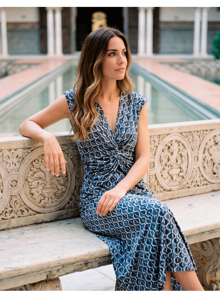 Blue printed midi dress with V-neckline and front ruching