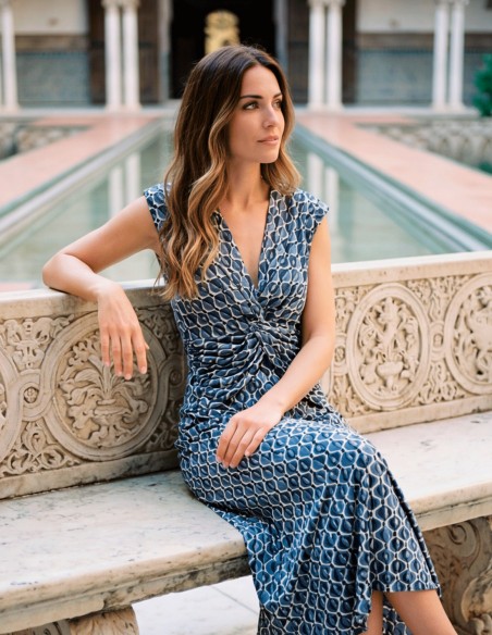 Blue printed midi dress with V-neckline and front ruching