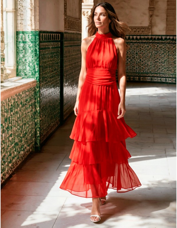 Vestido midi rojo con escote halter y falda de volantes