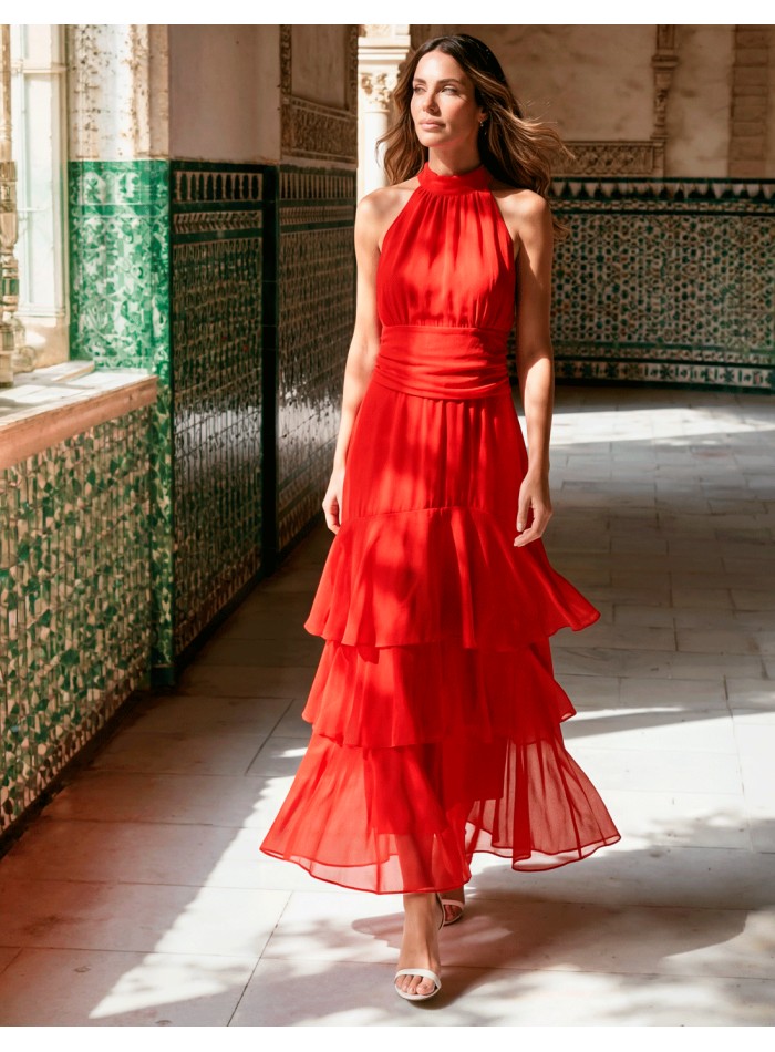 Red midi dress with halter neckline and ruffled skirt