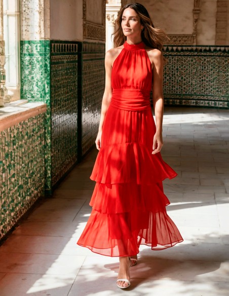 Vestido midi rojo con escote halter y falda de volantes