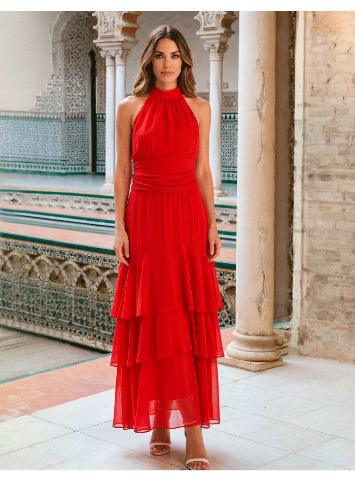 Vestido midi rojo con drapeado en cintura y volantes para invitadas