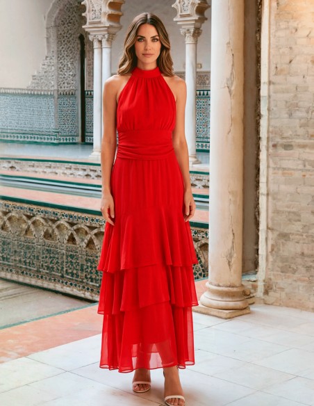Vestido midi rojo con drapeado en cintura y volantes para invitadas