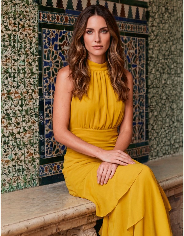 Mustard midi dress with halter neckline and ruffled skirt 2