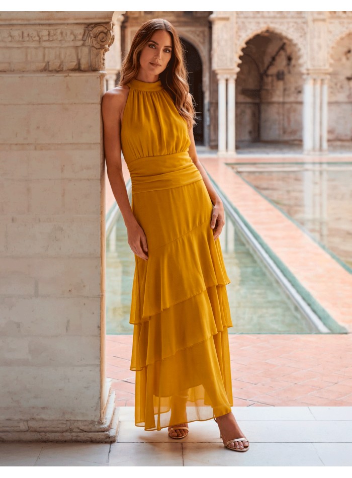 Robe midi moutarde avec encolure licou et jupe volantée