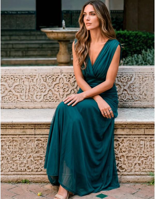 Robe midi de couleur pétrole avec encolure licou et jupe...