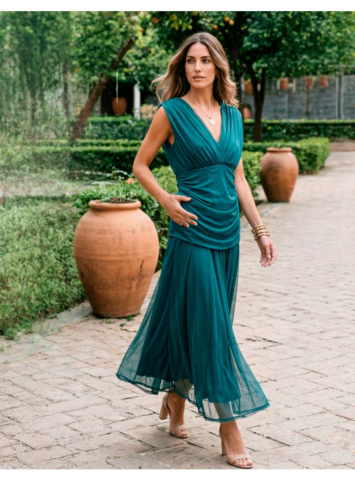 Vestido midi color petróleo con escote pico y...