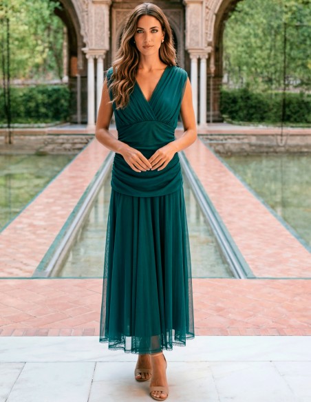Robe midi de couleur pétrole avec encolure licou et jupe fluide