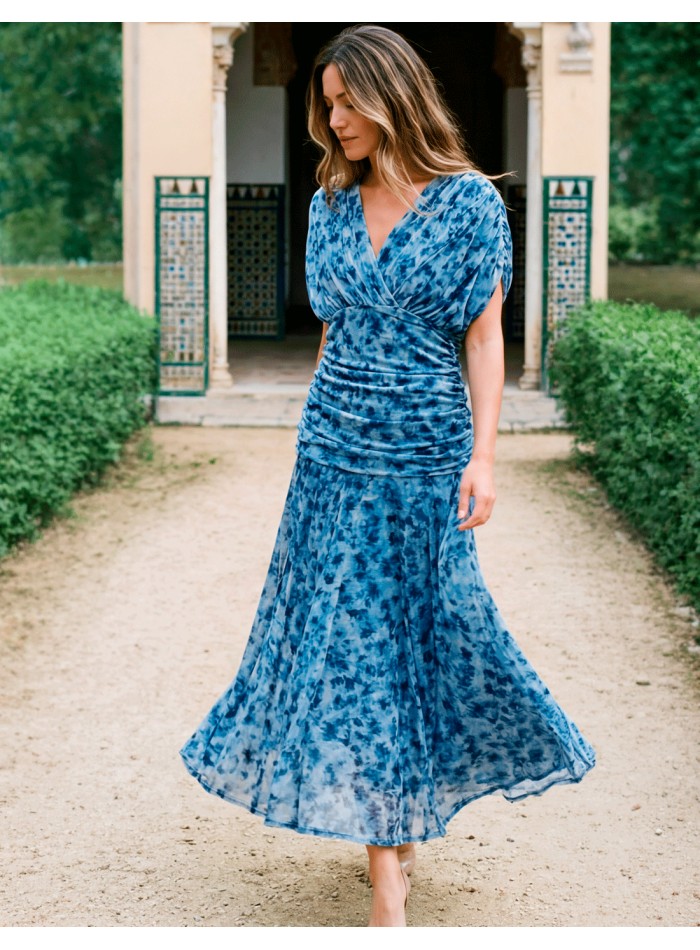 Blue printed midi dress with halter neckline and draped waistline