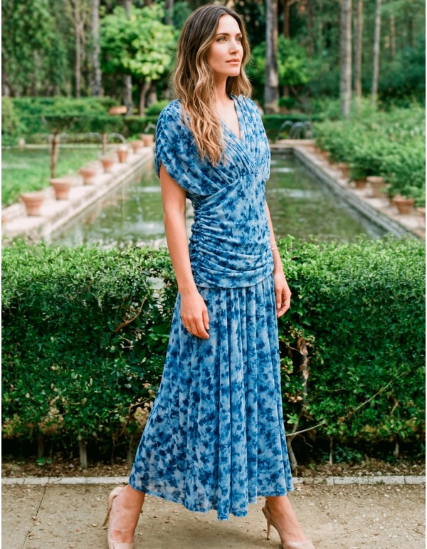 Blue printed midi dress with halter neckline and draped waistline 2