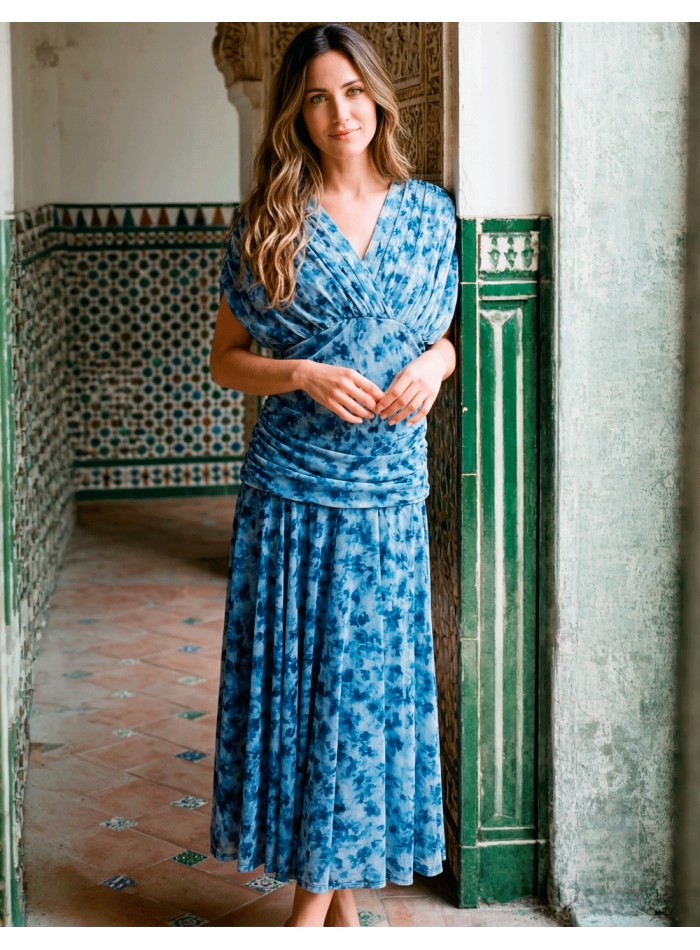 Robe midi imprimée bleue avec encolure dos nu...