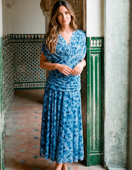 Blue printed midi dress with halter neckline and draped waistline