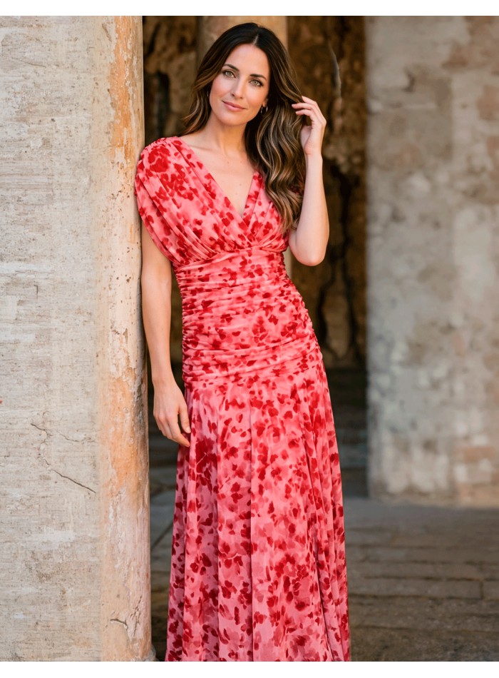 Pink printed midi dress with V-neckline and draped waistline