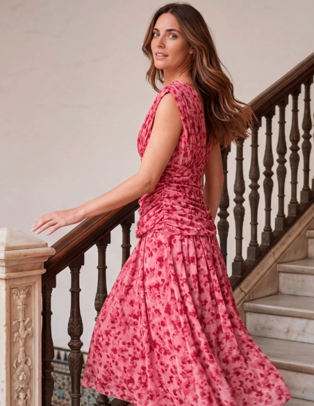 Pink printed midi dress with V-neckline and draped waistline