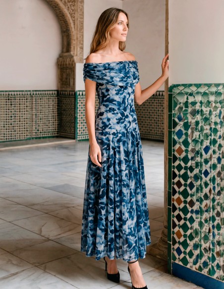 Navy blue floral print midi dress for guests