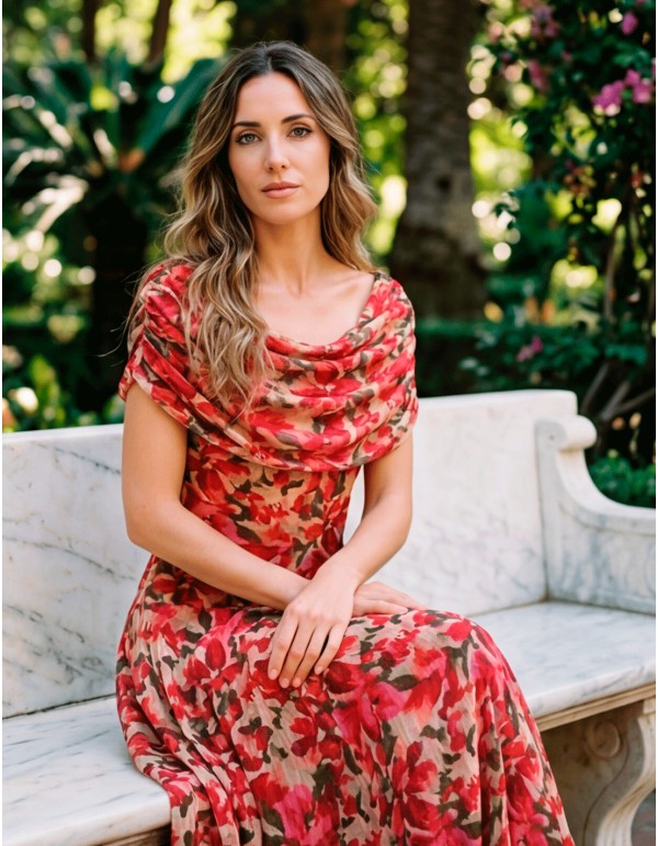 Vestido midi estampado naranja y beige con escote multiposición 2