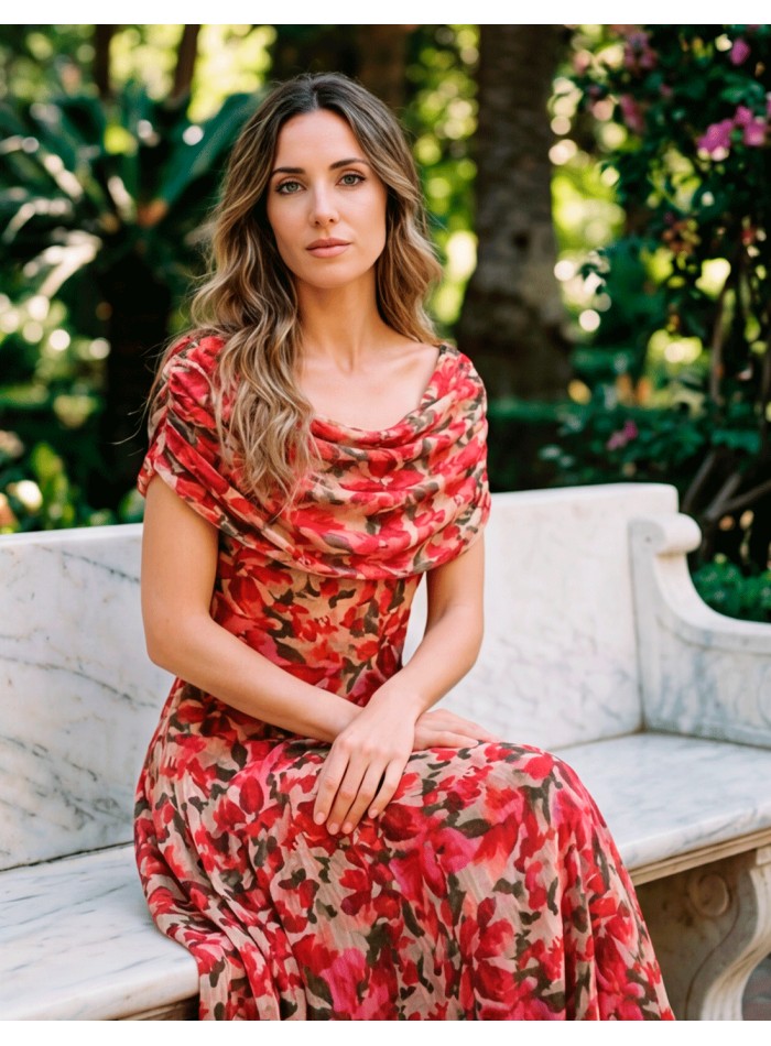 Robe midi imprimée orange et beige avec...