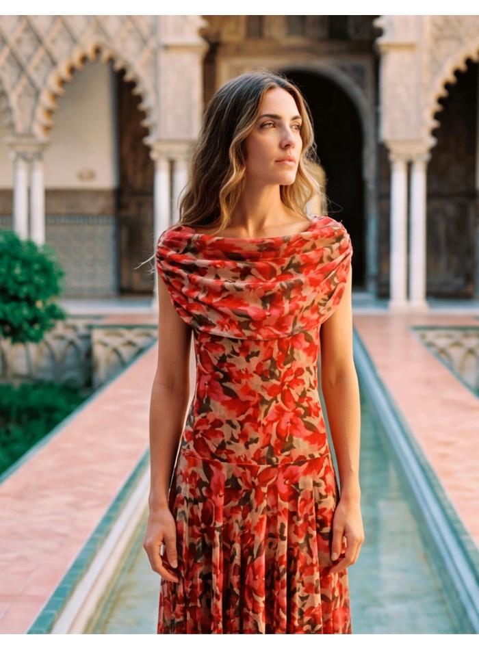 Vestido midi estampado naranja y beige con...