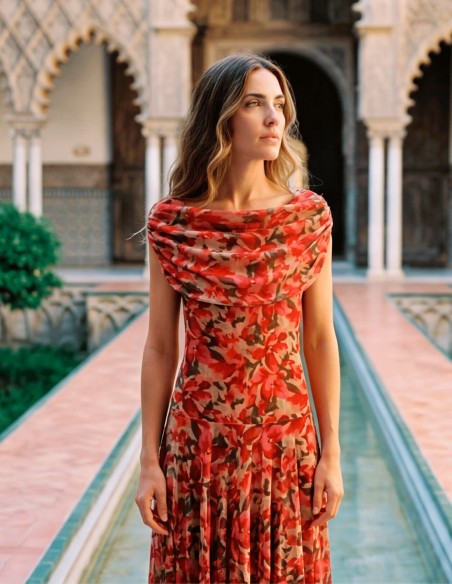 Robe midi imprimée orange et beige avec encolure multipositions