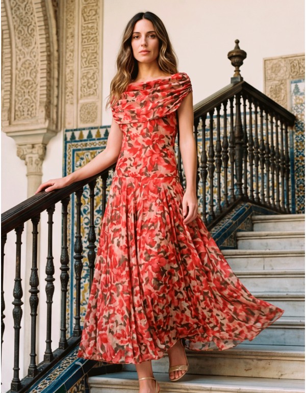 Orange and beige printed midi dress with multi-position neckline