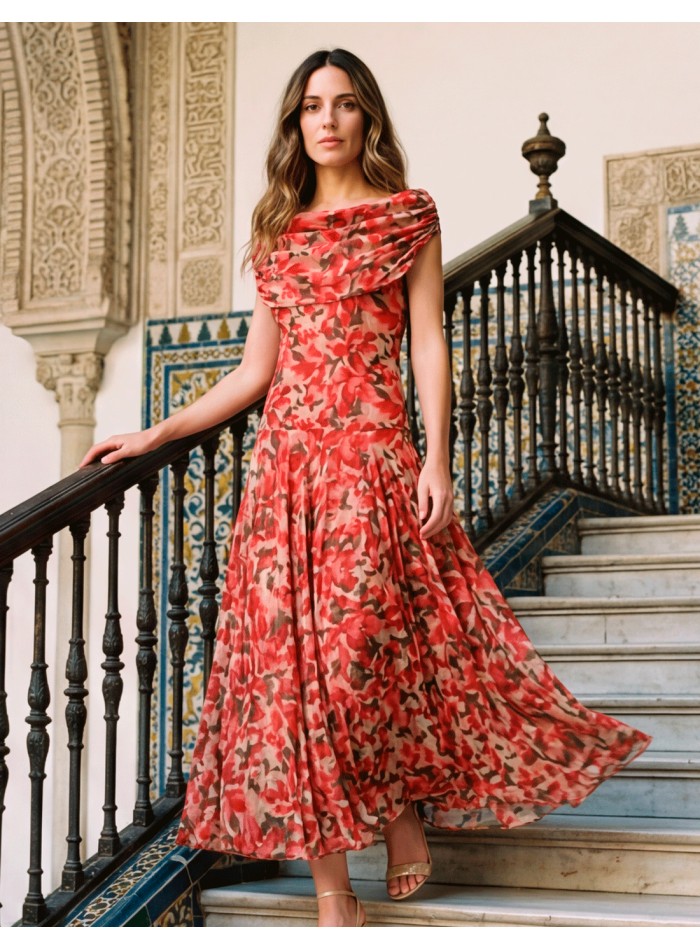 Robe midi imprimée orange et beige avec encolure multipositions